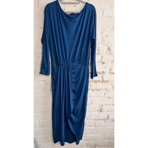 Prettygarden Blue Midi Dress NWT Draped Wrap Slit Stretch Long Sleeve L Comfort